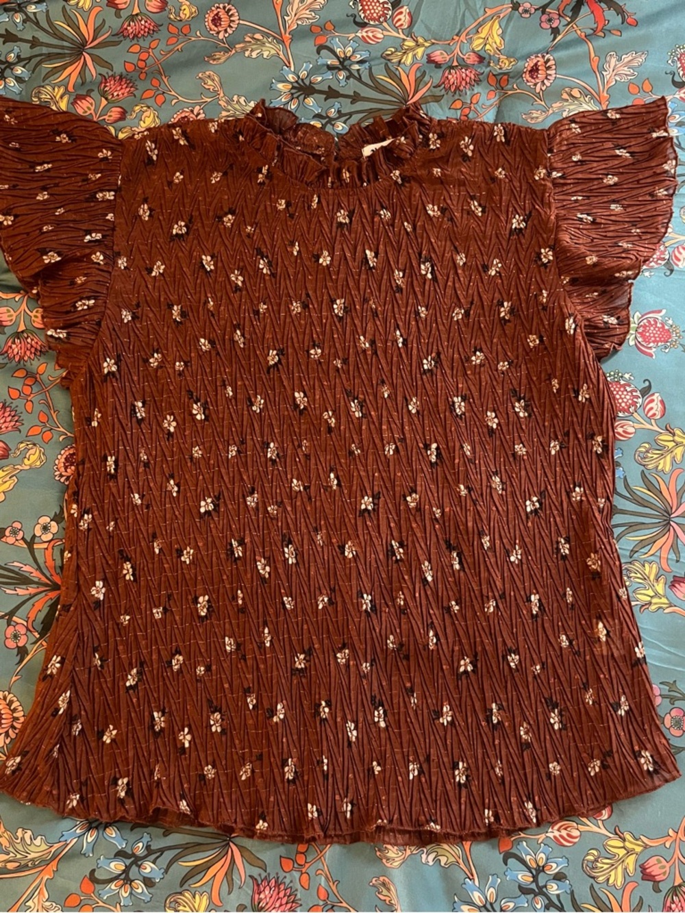 Smocked Rust Floral Ruffle Sleeve Blouse
